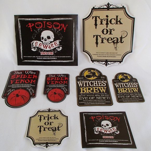 🎉Host Pick 🎉Halloween Bottle Labels Stickers 8 NIP 4 S 2 M 2 L Beer Wine Soda - Picture 1 of 6